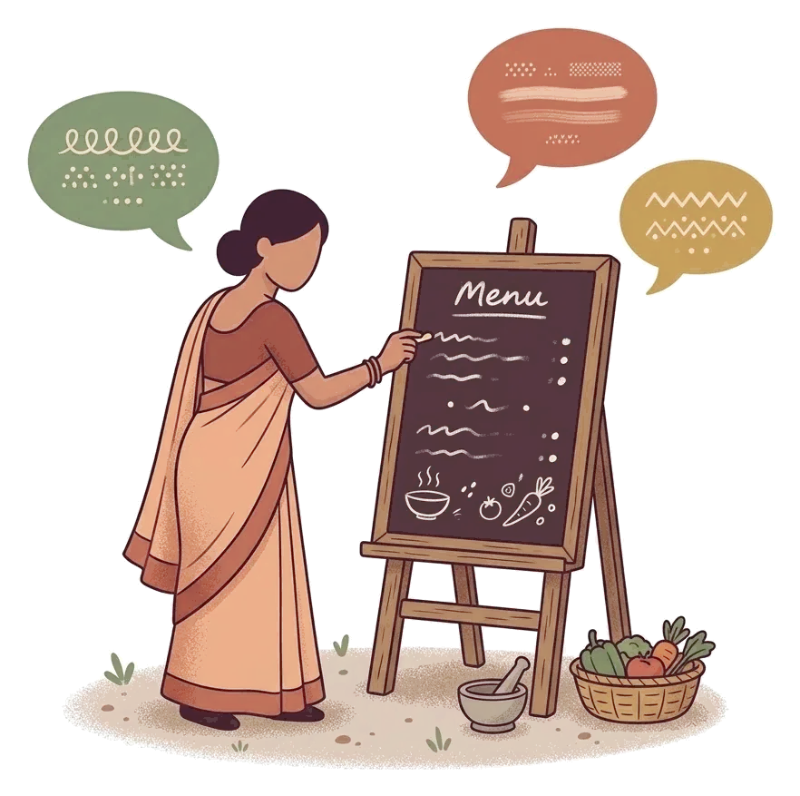 Cook writing a menu with language bubbles