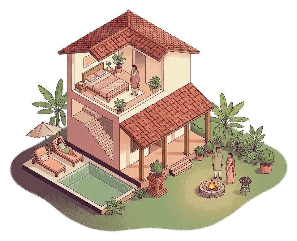 Villa cut-away with pool, rooms and bonfire