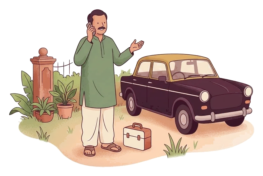 Caretaker on the phone with a first-aid kit and taxi