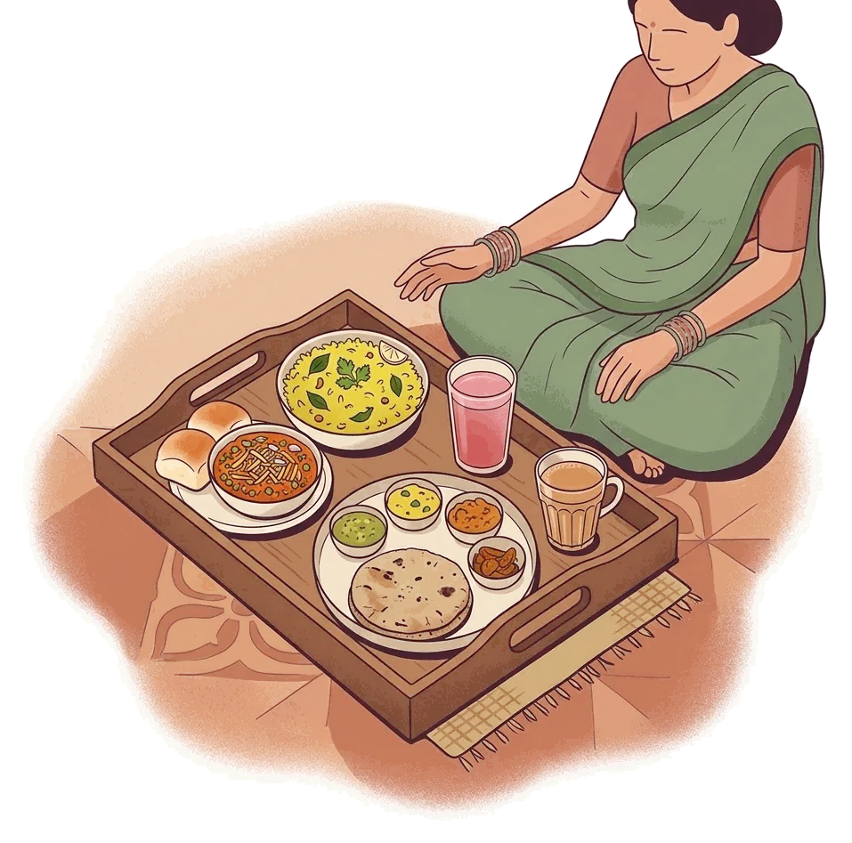 Tray of poha, misal, thali and kokum